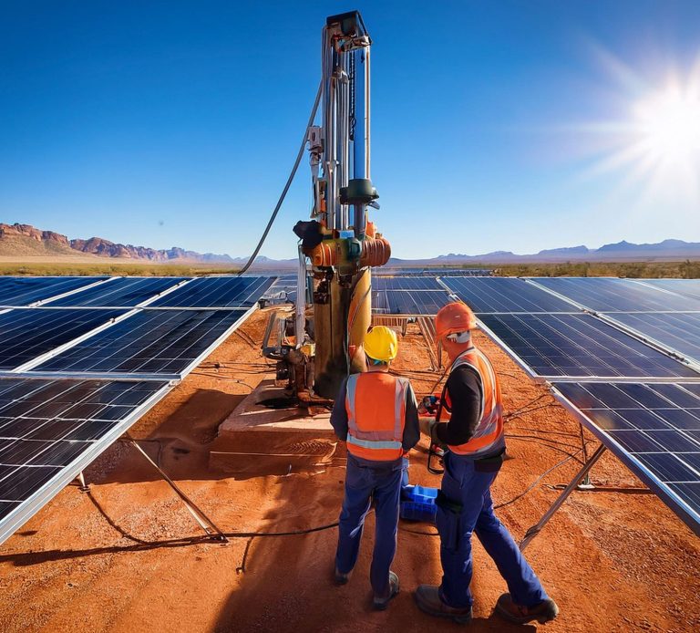 Two workers operate equipment next to solar panels in a desert landscape under a clear sky.