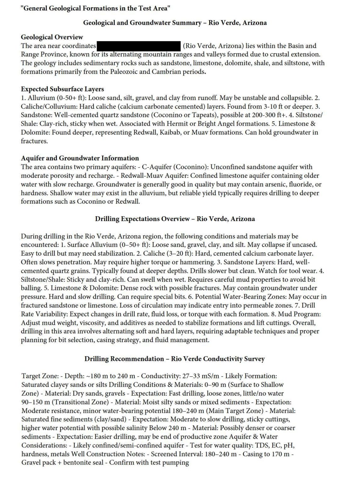 "General Geological Formations in the Test Area" 
Geological and Groundwater Summary - Rio Verde, Arizona.