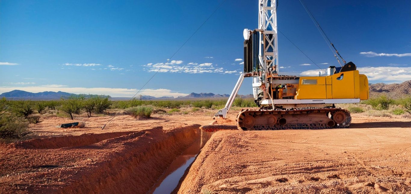Excavating machine on a desert landscape with mountains in the background.