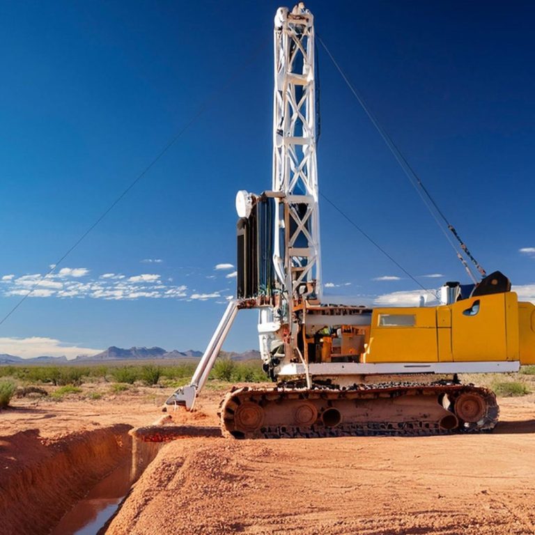 Yellow drilling rig on a sandy terrain under a clear blue sky.