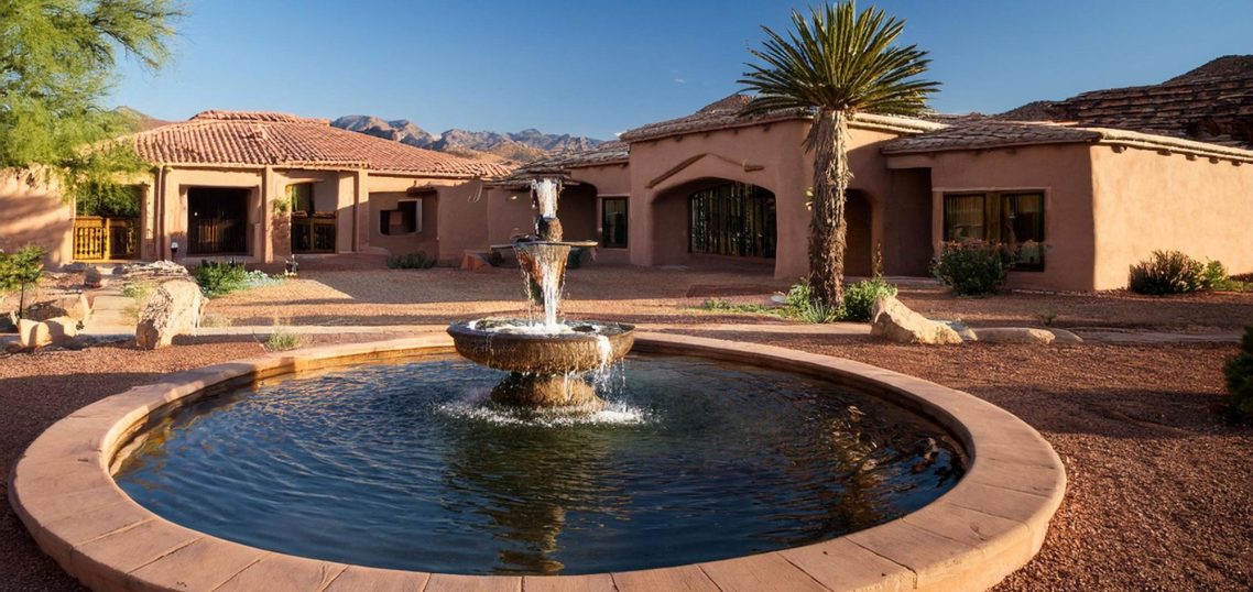 Desert villa with a circular fountain and palm trees, surrounded by mountains.