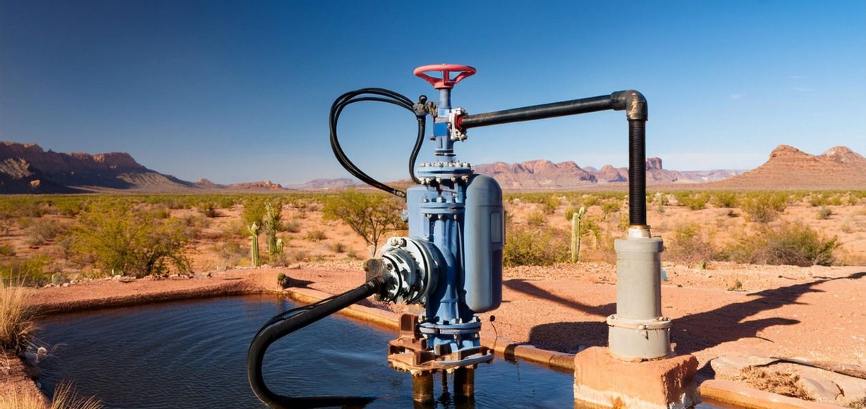 Water pump with irrigation pipes in a desert landscape.
