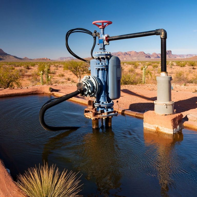 Well pump equipment beside a water reservoir in a desert landscape.